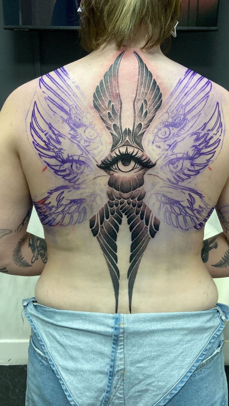 Purple-winged surrealist back piece by Bex, Treze Ink Coventry