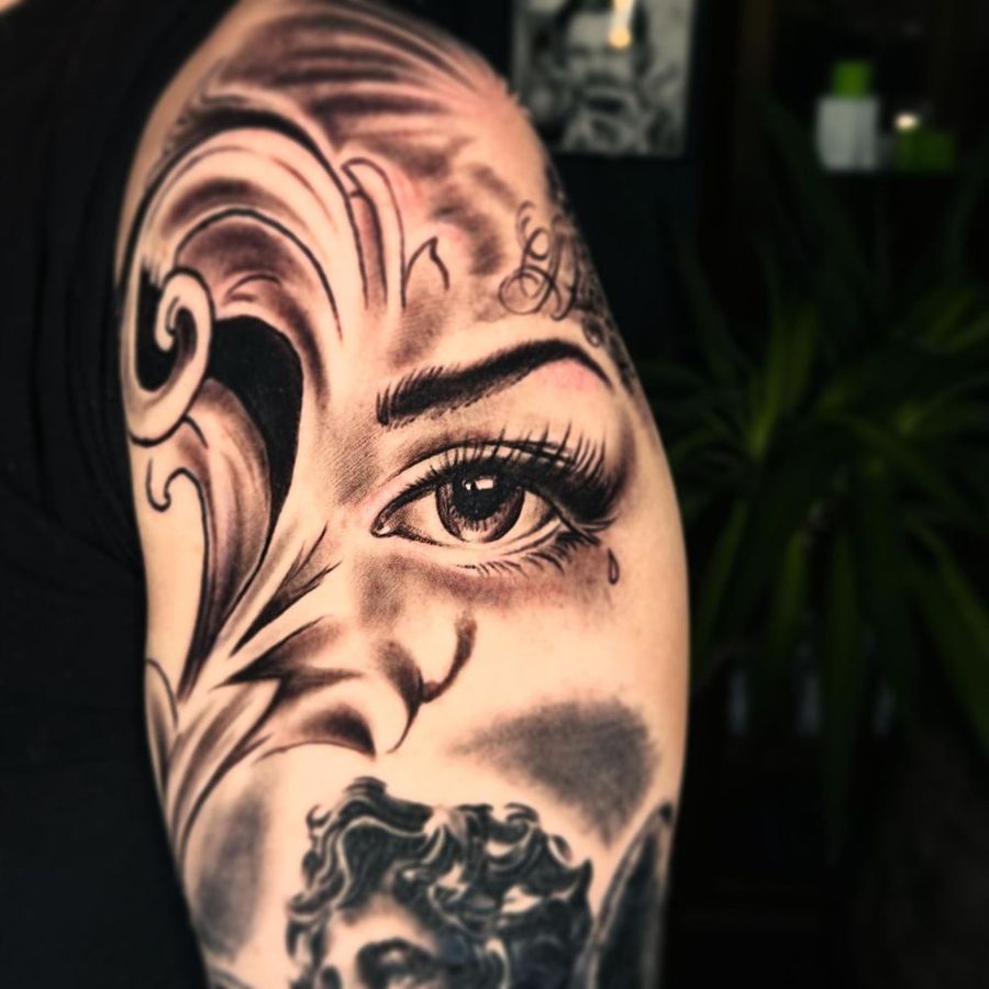 Black and grey portrait tattoo by Nino, Treze Ink Coventry