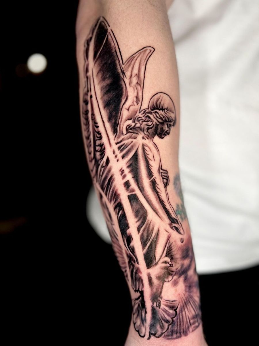 Detailed black and grey forearm tattoo by Nino, Treze Ink Coventry