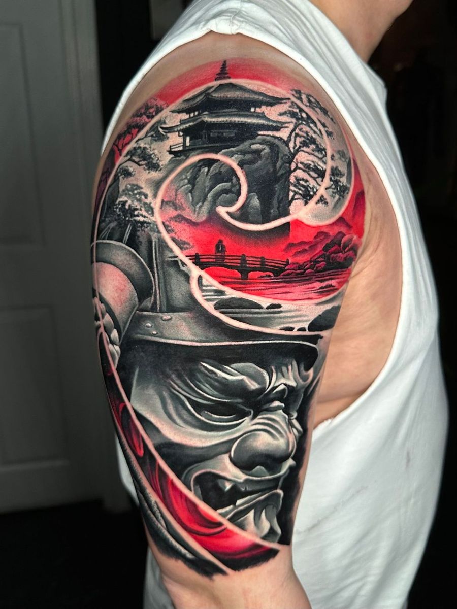 Red and black Japanese-inspired sleeve by Rich James, Treze Ink Coventry