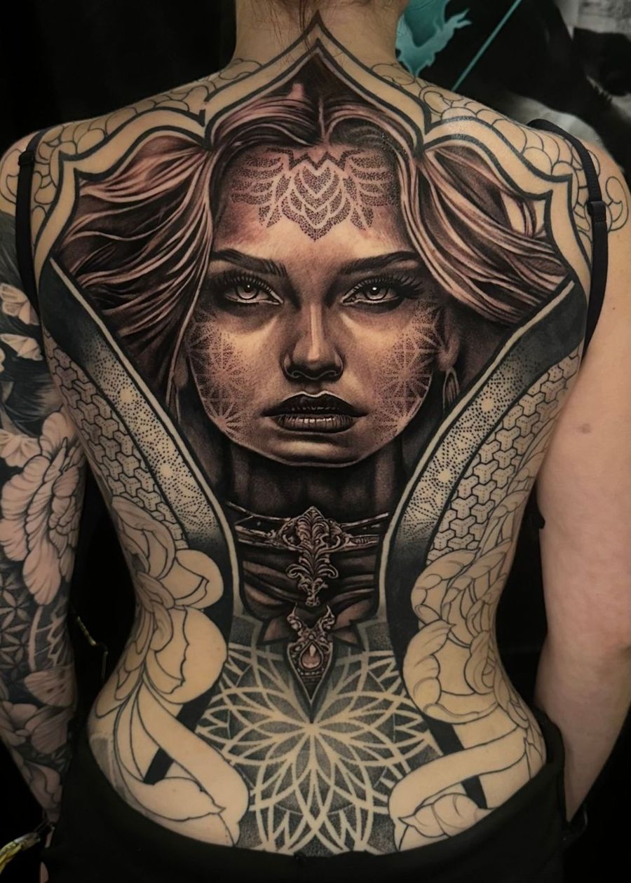 Detailed black and grey portrait back piece by Rich James, Treze Ink Coventry