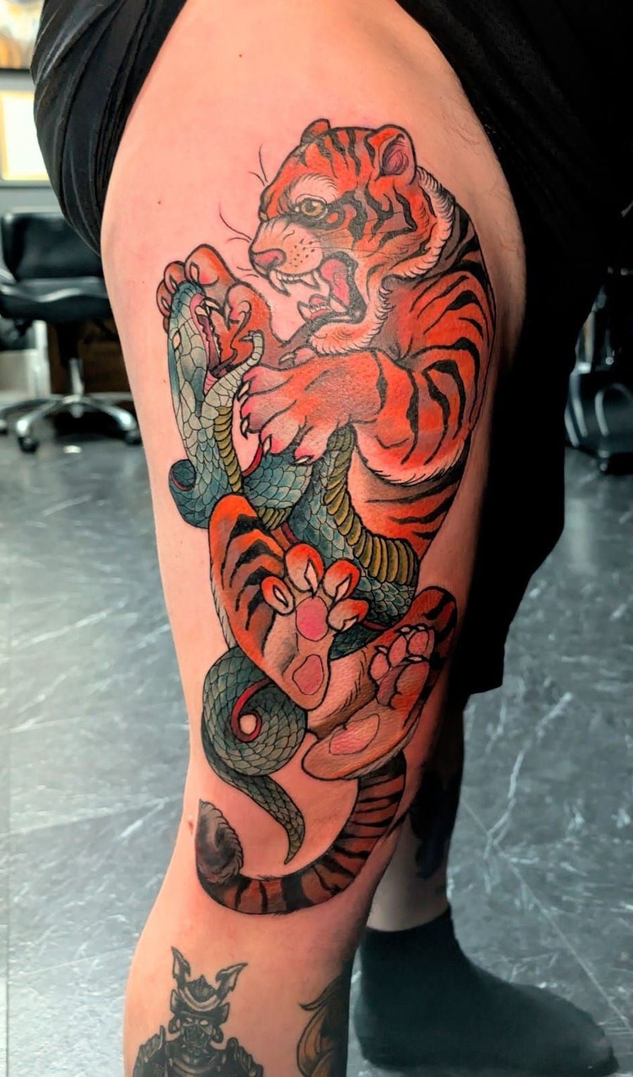 Colourful Japanese-inspired tiger tattoo by Tyler, Treze Ink Coventry